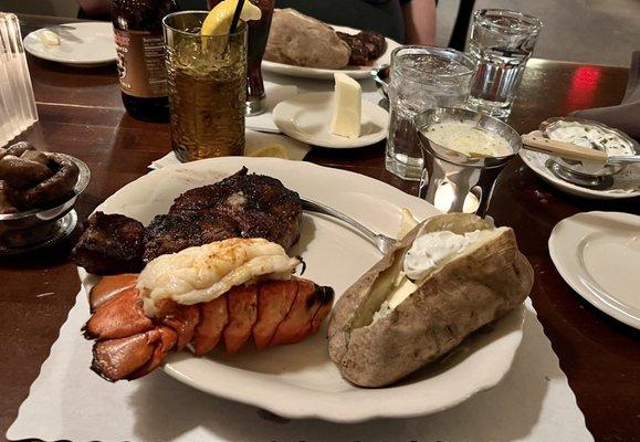 Boneless Ribeye, lobster tail and extra huge potato