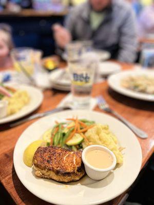 Blackened Mahi with mashed potatoes and seasonal vegetables