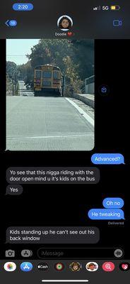 bus 231 kids standing while bus is in motion/ driving with passenger door open with no railroad crossing in sight. Thursday at approx 2:15PM
