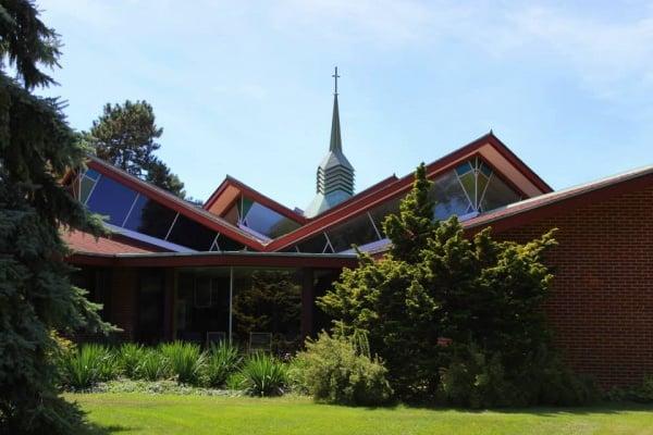 The octagonal church, designed by Alden Dow in his "Michigan Modern" style, is striking.