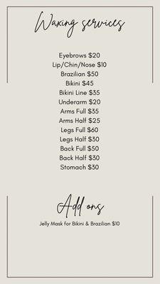 Waxing Menu