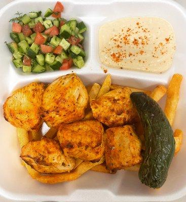 Chicken Shish Kebab with French fries.