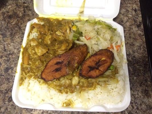 Bland curry chicken and the plantains were okay