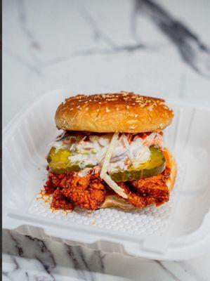 Nashville chicken sandwich Nashville sauce, pickle, coleslaw
