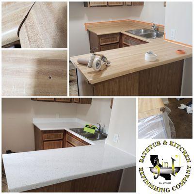 Before & After of refinished Formica Kitchen Countertop.