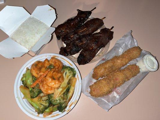 shrimp and broccoli, white rice, fried crab sticks and BBQ beef