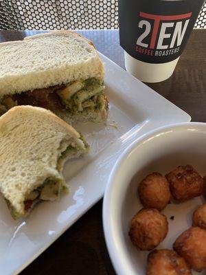 Green chile chicken sandwich and sweet potato tots