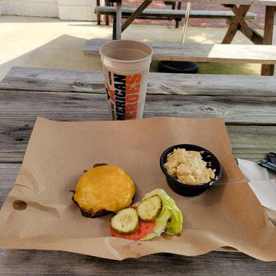 Smoked Cheeseburger, no bun. Potato Salad, unsweetened tea