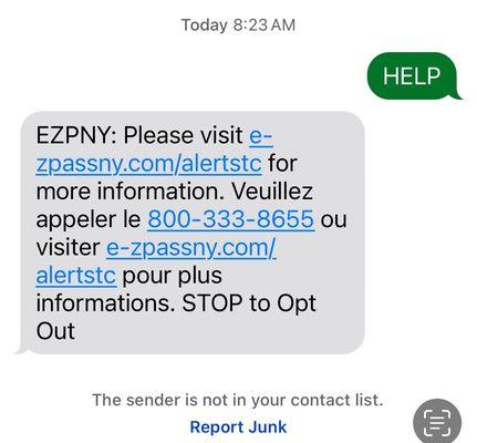 My "help" text. Ez-pass auto-reply: visit ezpass.com etc