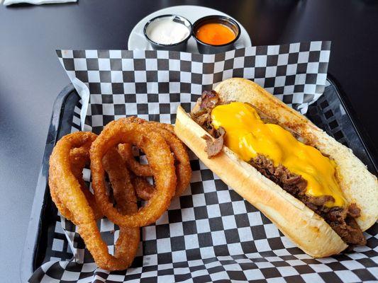 Ribeye sandwich and onion rings
