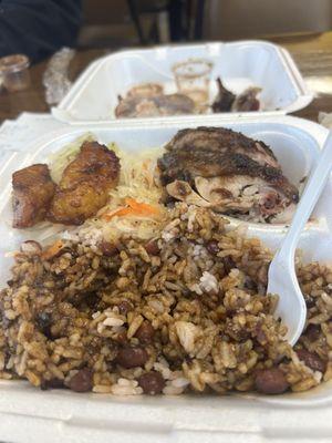 Jerk Chicken meal (small) rice and peas with plantains and cabbage.