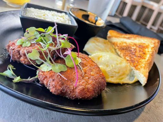 Salmon cakes and I've easy eggs.