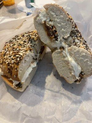 Everything bagel with sun dried tomatoes cream cheese