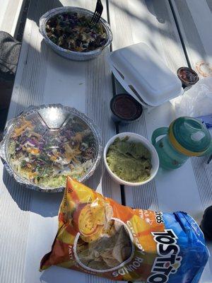 Mahi bowl , steak bowl, side of guac and chips