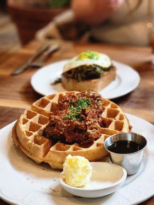 Spicy chicken on scallion waffle - this flavor profile is so good that it should be illegal