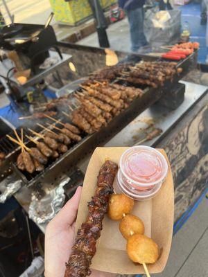 Pork Inihaw and kwek kwek (fried quail egg skewer)
