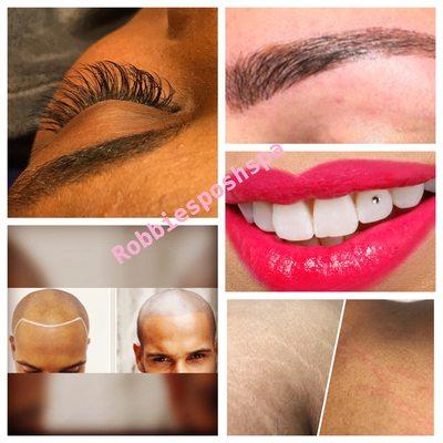 Lash Extensions, Microblading, Ombré Microblading, Scalp Micropigmentation, Stretch Mark Camouflage, Scar Camouflage, and Tooth Gemz