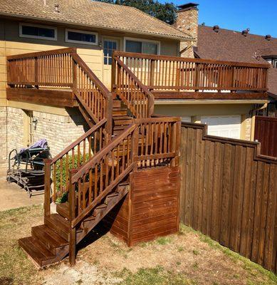 Second story wooden deck with stairs