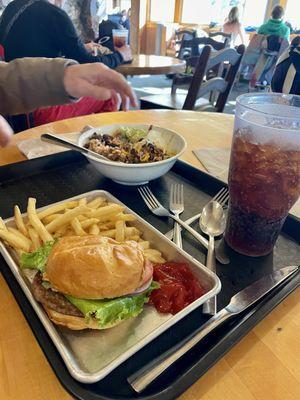 Burger, fries, beef burrito bowl and Soda
