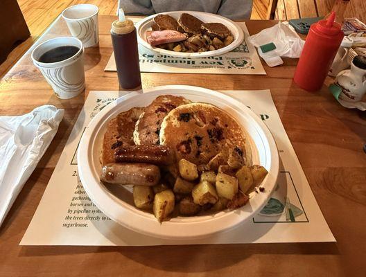 Top: Banana bread French toast with ham Bottom: Very Berry pancakes with sausage