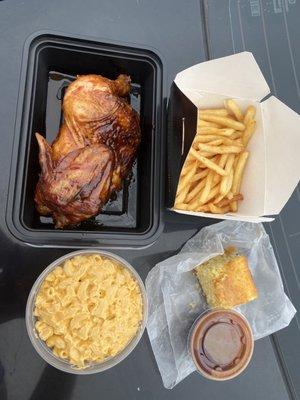 BBQ Chicken Platter Macaroni & Cheese French Fries Cornbread