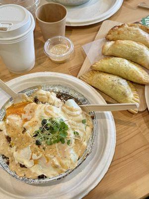 Chorizo Hash and Empanadas.