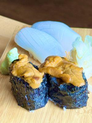 Sea urchin and squid sashimi