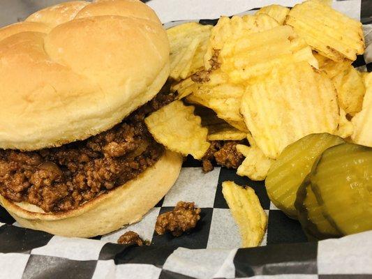 JUMBO SLOPPY JOE, CHIPS, AND PICKLES