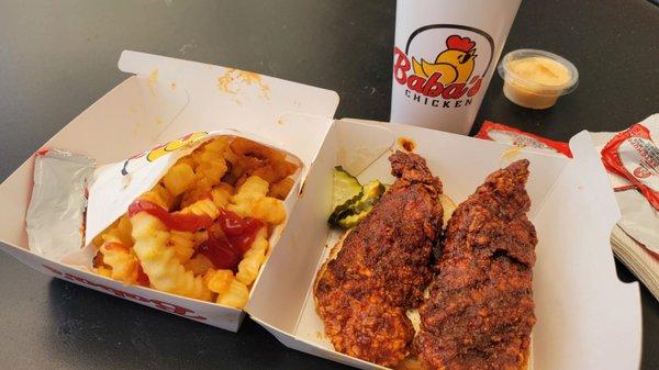 Chicken tenders (medium spice) and fries