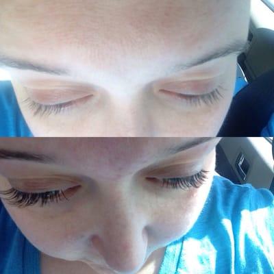Before lashes on top, full natural set on bottom.