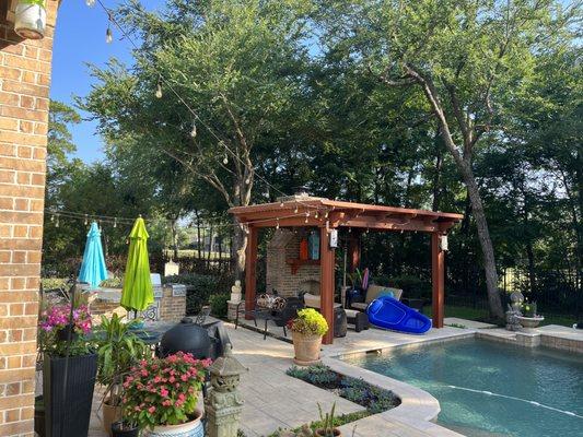 Broken and dead branches removed from over pergola and pool, canopy raised.