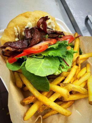 BLT on fry bread with organic mixed greens and fresh basil is absolutely delicious!