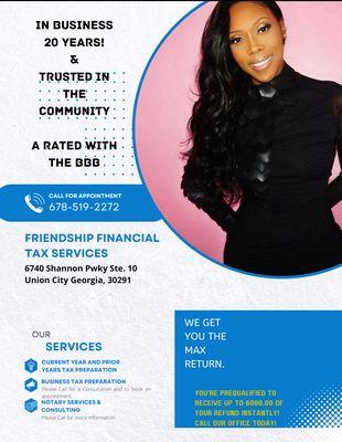 In Business 20 years! Friendship Financial Income Tax Services.