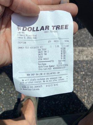 Receipt of item with cashiers name.