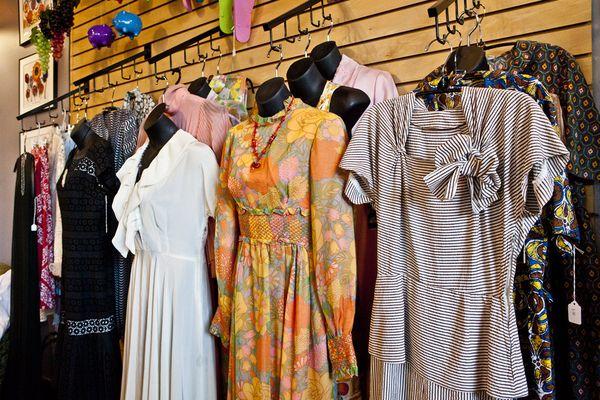 The dresses on the racks are either vintage or vintage/upcycled in all sorts of sizes, designs, and colors!