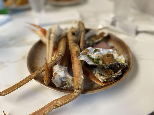 Crab legs and Oysters