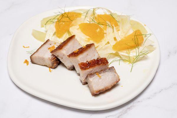 Pork belly - ingredient from the Meat Hook - Hudson. Served with braised fennel and fennel orange salad.