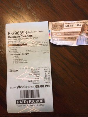 Cleaning bill and coupon.
