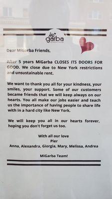 So sad. This note was in the window explaining why they closed. Another business doesn't survive COVID19.