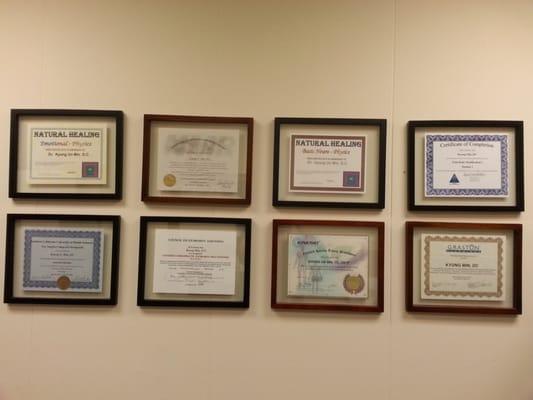 Dr.Min's certifications of many different chiropractic techniques.