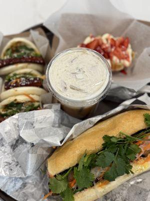 Vietnamese coffee, Banh mi, strawberry Croffle and pork belly Bao buns