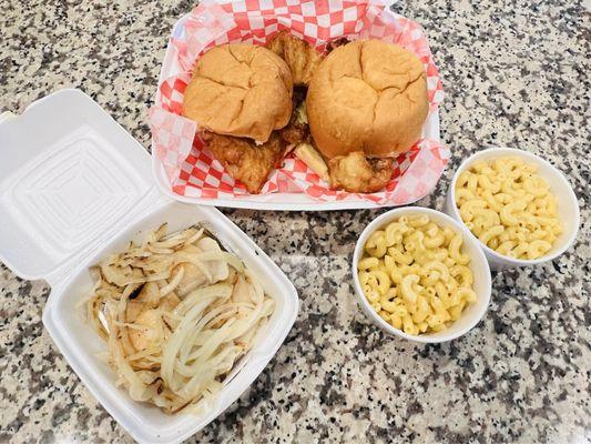 Small fish sandwich, Mac and Cheese, & pierogi