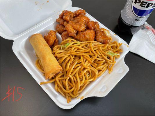 Orange Chicken, Lo Mein, spring roll