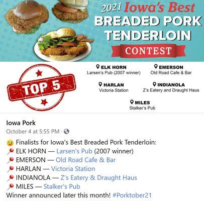 Stalker's is a finalists for Iowa's Best Breaded Pork Tenderloin!
