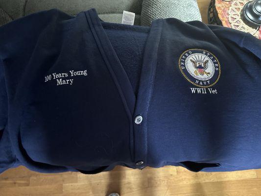 Cardigan for a WWII Navy female vet turning 100 years old.