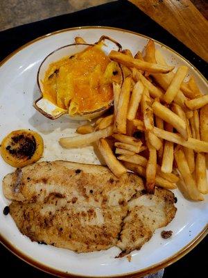 Grilled catfish plate with fries and Mac n cheese sides.