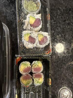 Tuna avocado roll. Smaller one is what happens when you add cucumber. Rollflation.