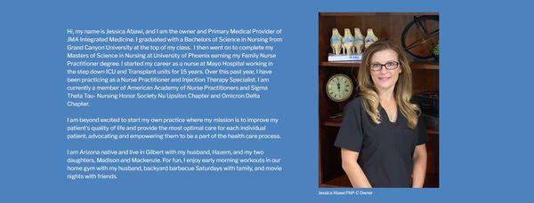 Hi. I am Jessica Abawi, Nurse Practitioner and owner of JMAIM.