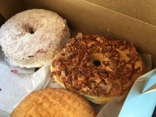 Left to right coconut maple bacon plain. $3.95 ish each. Deliciousssss