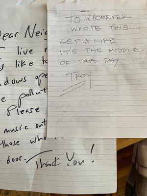 Owner's response to my polite written request to turn down music.